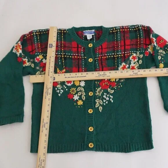 Vintage Pendleton Green Plaid Floral Knit Cotton Preppy Cardigan Grandmacore M - Picture 3 of 10